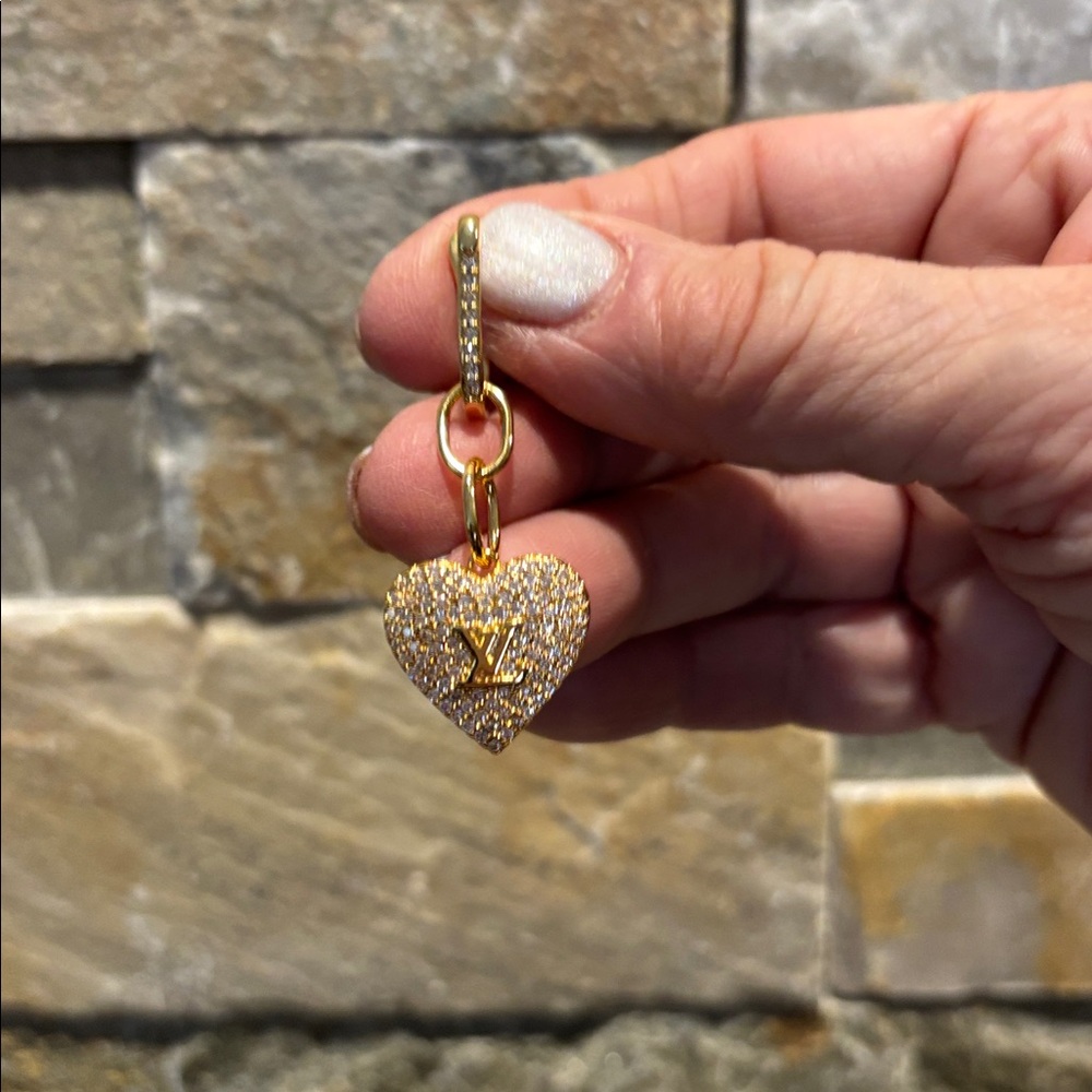 Gold LV Heart Earrings with Crystal Accents - Picture 3 of 6